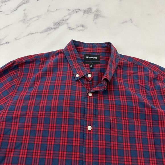Bonobos Mens Button Up Shirt Size XL Red Blue Plaid Silm Fit Long Sleeve - Picture 2 of 12